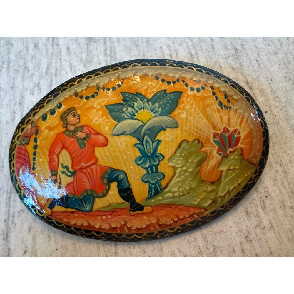 Vintage Mstyora Russian Lacquer Brooch Signed Golubyov Danila Craftsman Flower - Picture 3 of 10